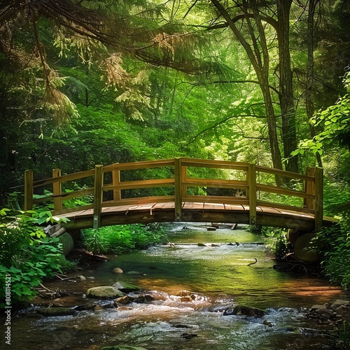 A wooden bridge crossing a peaceful stream in a lush green forest.