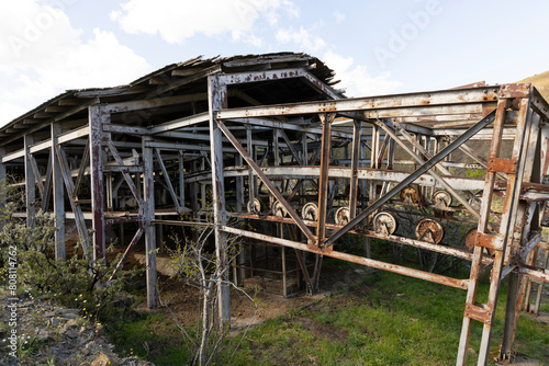 Abandoned steel structure with towers from industrial coal mining cableway in mountains of Asturias Spain in Tormaleo