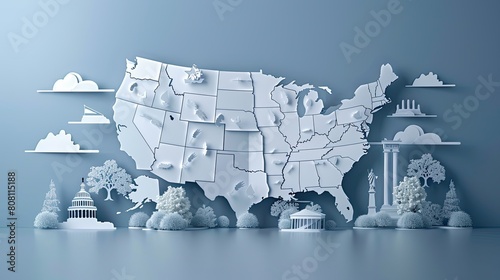 A paper map of the United States with a city skyline in the background photo