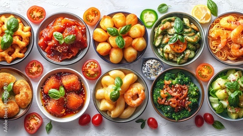 photo of a collection of various plates of food isolated on a white background © ari