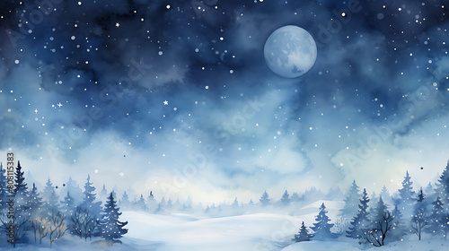 Illustrate a watercolor background of a magical winter night, with a clear sky, full moon, and a snow-covered landscape © Sunny