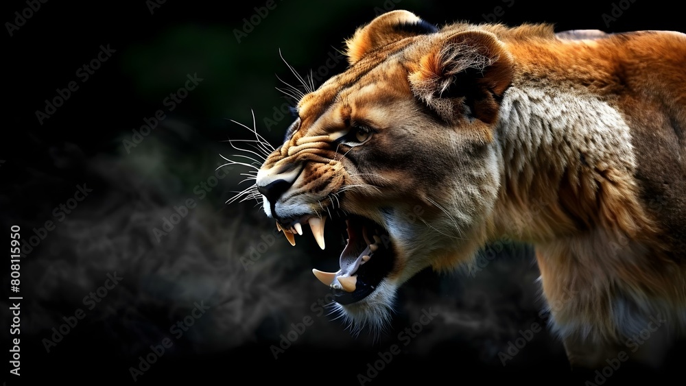 Aggressive female lion displaying teeth and advancing towards adversary on dark backdrop. Concept Lioness aggression, Wildlife confrontation, Dark background, Wild animal behavior