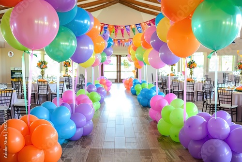 Colorful balloons for birthday party in the hall of a country house