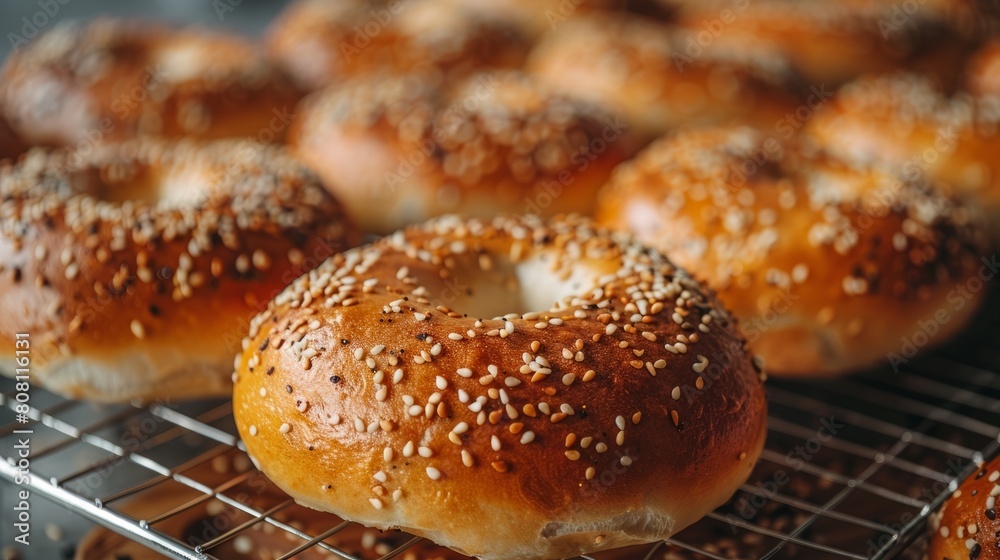 baking fresh bagels, warm bread smell fills the kitchen as homemade bagels cool on a wire rack, freshly baked and tempting