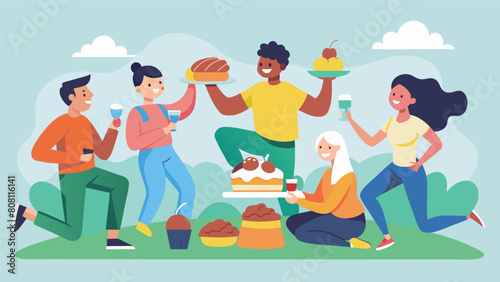 A group of friends playing a game of tag while enjoying a picnic lunch with the winner getting to choose the dessert for everyone to share.. photo