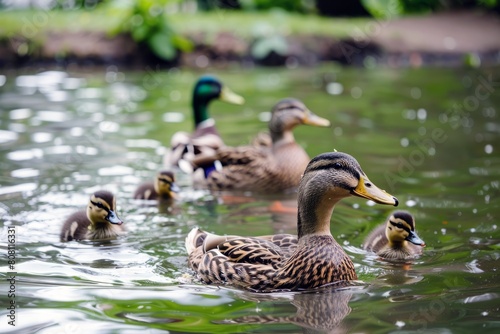 Family of ducks swimming in pond, ducklings following closely behind, charming scene of wildlife