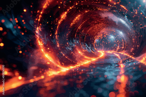 Flying through a tunnel of blue and orange metal cubes. 3D rendering illustration. 3D Illustration