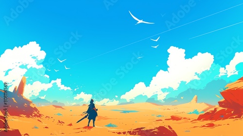 Epic moments, a lone wanderer traversing a barren desert wasteland in search of a fabled oasis. Amazing anime background © BackVision Studio