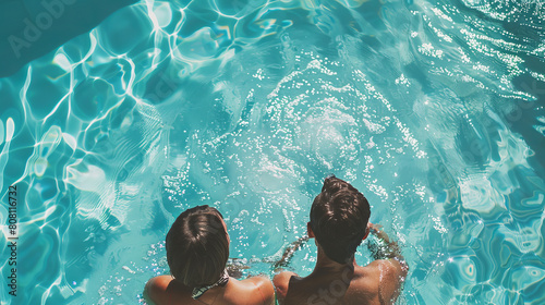 A couple took a dip in a refreshing swimming pool on a hot summer day. photo