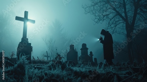 A lone paranormal investigator checking equipment in a foggy graveyard at night, ancient tombstones around, mist swirling at ground level