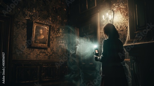 A paranormal investigator with a flashlight and an EMF reader exploring a dimly lit haunted mansion, old portraits on the walls, cobwebs in the corners © Pungu x