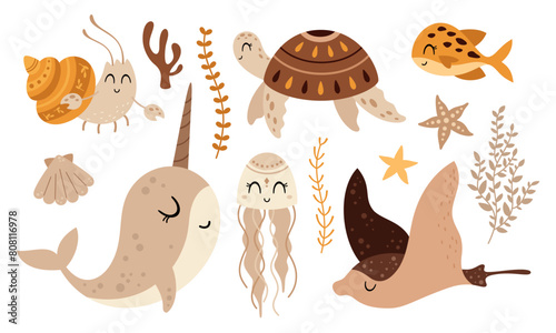 Photography Sea animals clipart with narwhal, turtle, crayfish, fish, jellyfish, starfish, shell, seaweed