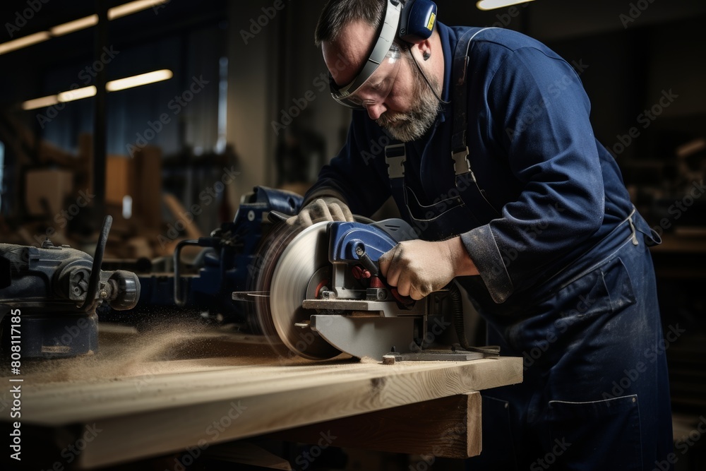 Dedicated carpenter working with wood plank in factory, concept of skilled carpenter worker Dedicated carpenter working with wood plank in factory, concept of skilled carpenter worker
