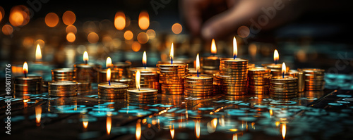 Gold coins arranged in a pile on a wooden table.