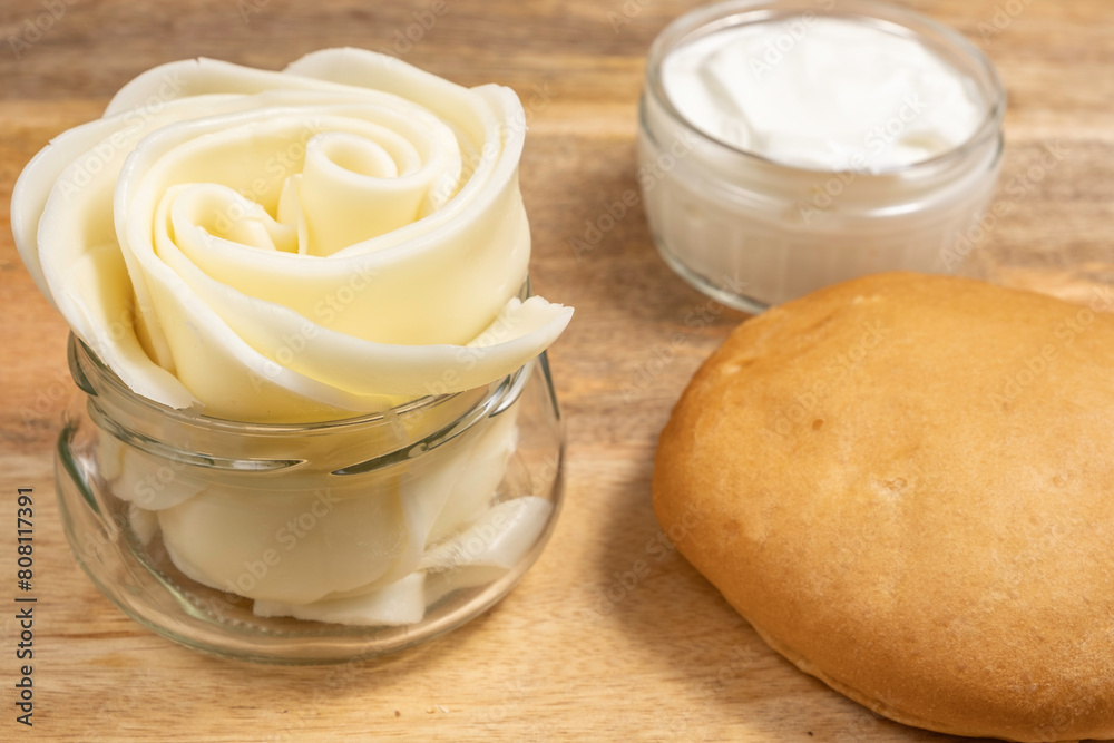 Mozzarella cheese in the form of flower for Jewish holiday Shavuot. Mozzarella cheese in the form of flower for Jewish holiday Shavuot.