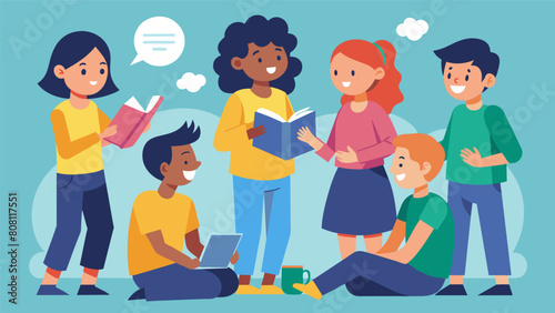 A group of students in a roleplaying game taking turns being the speaker and listener in order to practice reading each others nonverbal cues.. Vector illustration