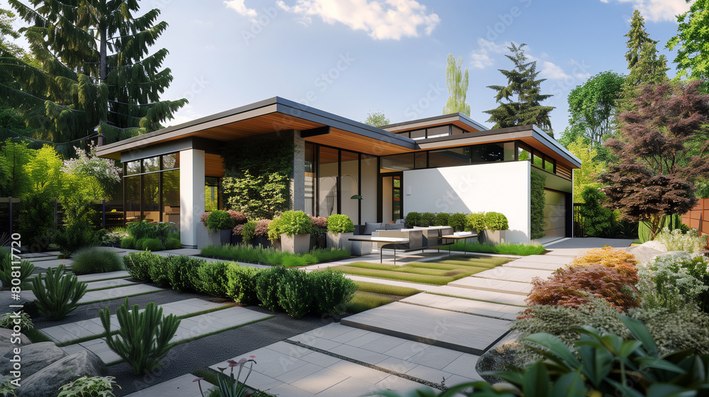 Modern House in the Middle of Garden. A digital rendering of a contemporary house situated in the center of a lush garden filled with various green plants and flowers Modern House in the Middle of Garden. A digital rendering of a contemporary house situated in the center of a lush garden filled with various green plants and flowers