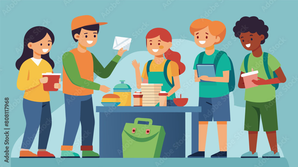 A group of teenagers huddled around a vendors table eagerly buying into the idea of a supposed global catastrophe and purchasing useless survival. A group of teenagers huddled around a vendors table eagerly buying into the idea of a supposed global catastrophe and purchasing useless survival.