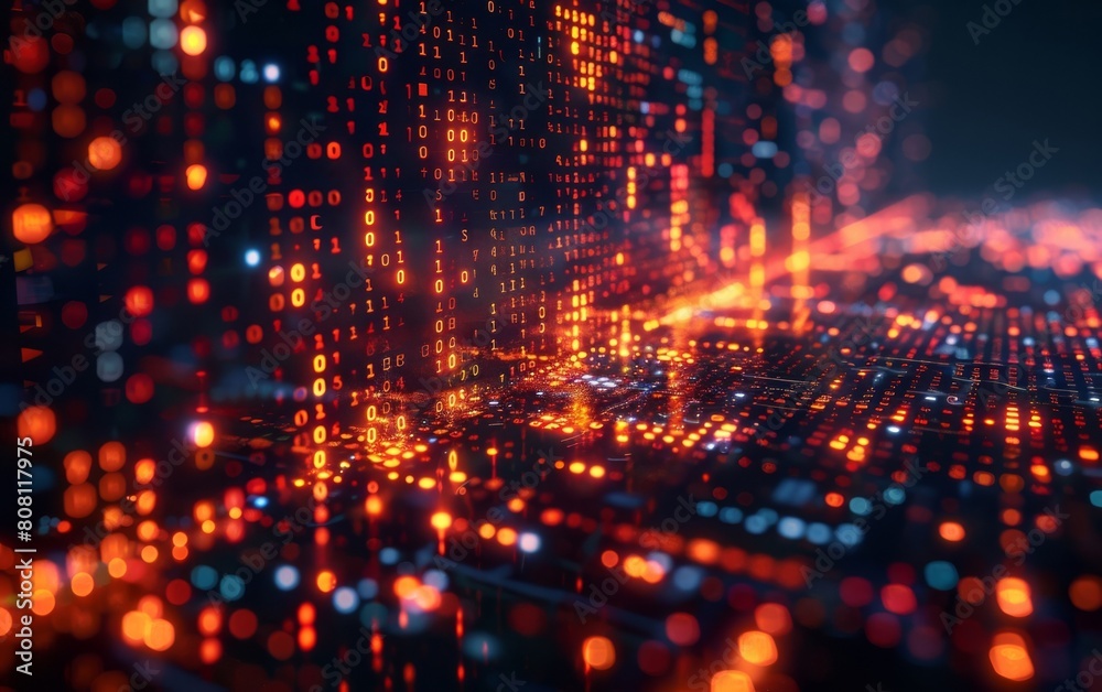 Digital technology backdrop featuring computer programming code and a glowing binary. Designed for artificial intelligence, big data, and deep learning applications. Includes generative AI. Digital technology backdrop featuring computer programming code and a glowing binary. Designed for artificial intelligence, big data, and deep learning applications. Includes generative AI.
