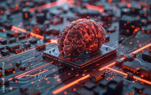 Concepts of artificial intelligence, machine learning, and cutting-edge computer technologies are depicted in the 3D illustration.