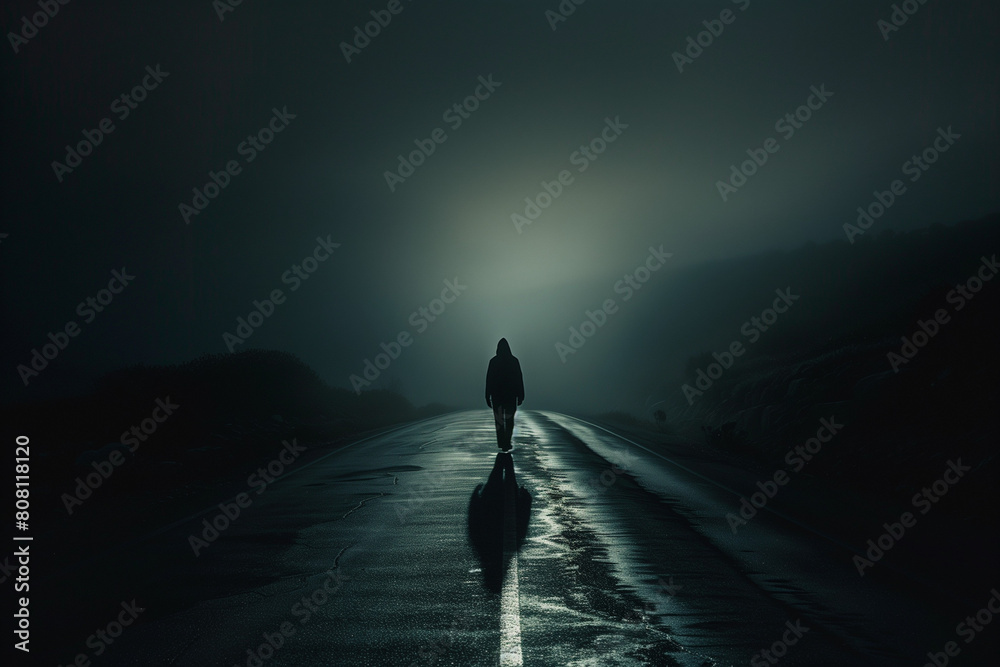 A lonely man walk in dark road A lonely man walk in dark road