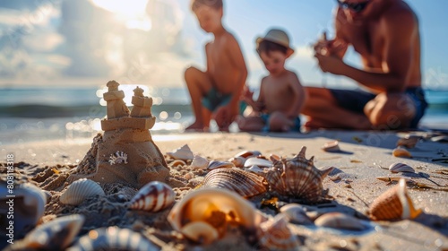 Family building sandcastles on the shore, their creations adorned with seashells and seaweed