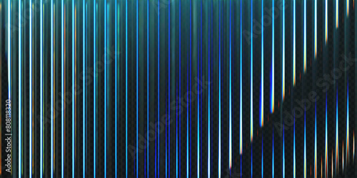 3d transparent ribbed glass background with refraction and holographic effect. Reeded glass with rainbow gradient. Render of corrugated wall with overlay reflection light on dark. 3d vector background