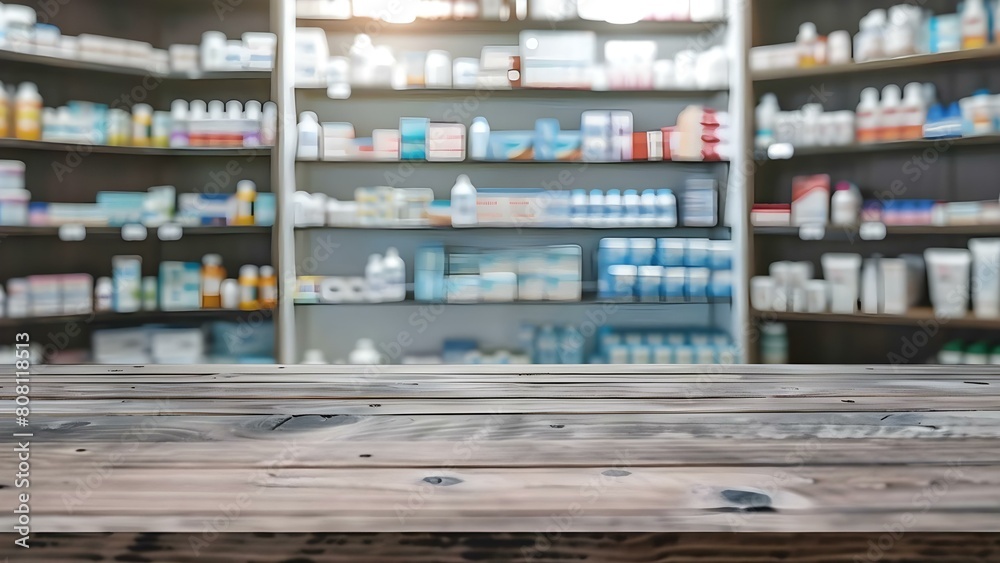 Pharmacy counter with shelves of drugs in the background out of focus. Concept Pharmacy, Counter, Shelves, Drugs, Background, Out of Focus