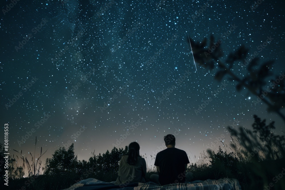 Couple stargazing on blanket in meadow, counting shooting stars on clear summer night Couple stargazing on blanket in meadow, counting shooting stars on clear summer night
