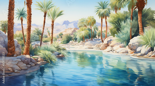 Illustrate a watercolor background of an oasis in the desert with palm trees and a clear blue pool