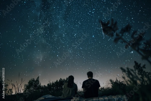 Couple stargazing on blanket in meadow, counting shooting stars on clear summer night