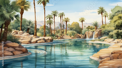 Illustrate a watercolor background of an oasis in the desert with palm trees and a clear blue pool photo