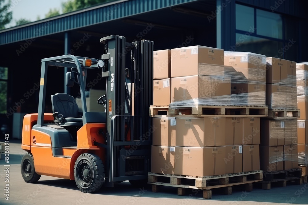 Naklejka premium Forklift in retail warehouse logistics distribution center with shelves of cardboard boxed products