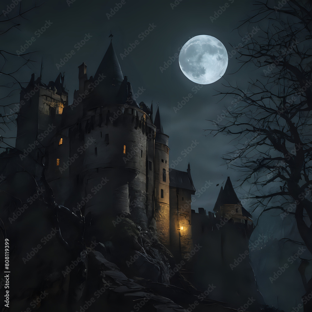 nighttime scene of a castle with a full moon in the background