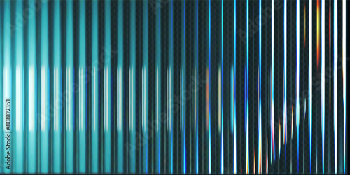 3d transparent ribbed glass background with refraction and holographic effect. Reeded glass with rainbow gradient. Render of corrugated wall with overlay reflection light on dark. 3d vector background