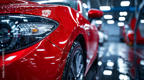 A red car received a protective ceramic coating applied during a car wash or detailing session. © Mehran
