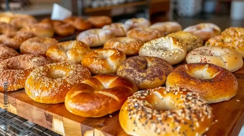 bagel flavors  an array of freshly-made bagels  ranging from traditional plain to savory everything options  filling the air with mouth-watering scents