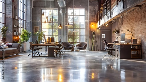 Stylish desks and workstations in a modern industrial loft coworking space for professionals. Concept Modern Industrial Design, Coworking Space, Stylish Workstations, Professional Environment photo