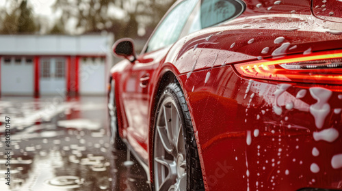 A red car received a protective ceramic coating applied during a car wash or detailing session. photo