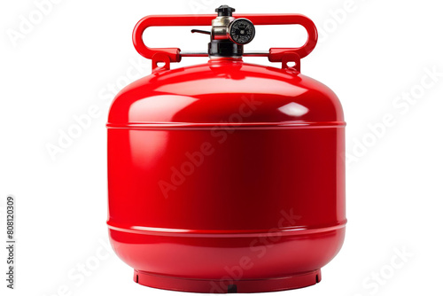 A single red propane tank is isolated The tank is made of metal and has a handle on the top. photo