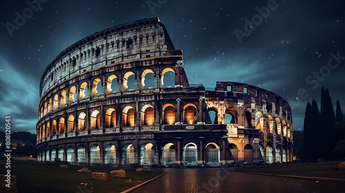 Roman coliseum during a celestial event constellations shining over the arena