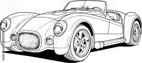 Abstract retro sports car in black and white ink drawing style, adult coloring book