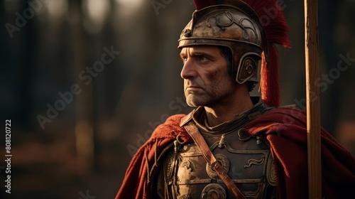 Roman Legionnaire inspecting his pilum javelin in dawn's soft glow photo