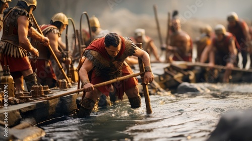 Roman Legionnaires building a temporary bridge over a rushing river photo