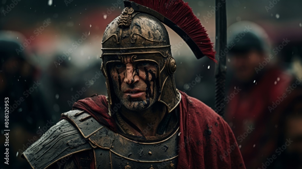 Roman Legionnaire battle-worn standing against enemy horde