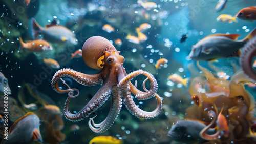 Octopus marine animal underwater. Giant squid on ocean bottom. Photo of intelligent kraken creature photo