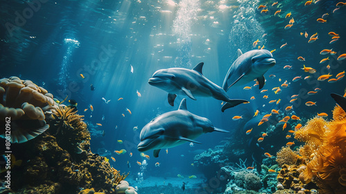 Dolphin intelligent sea marine animal. Photo of fauna on ocean bottom. Coral deep wild landscape