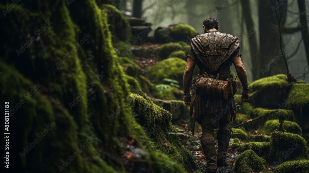 Roman Legionnaire navigates mystical forest encountering ruins Roman Legionnaire navigates mystical forest encountering ruins