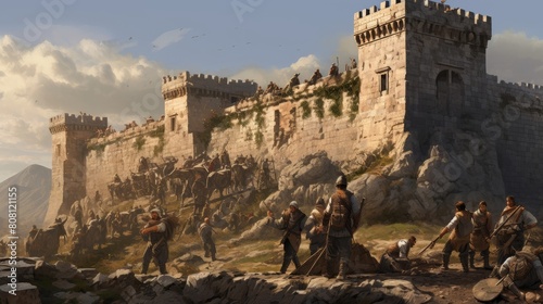 Roman Legionnaires constructing stone fortress blending into rugged landscape