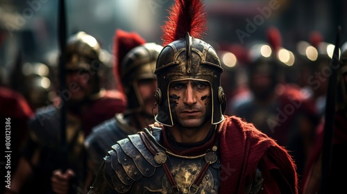 Roman Legionnaires in ceremonial armor parade through Rome as heroes © javier